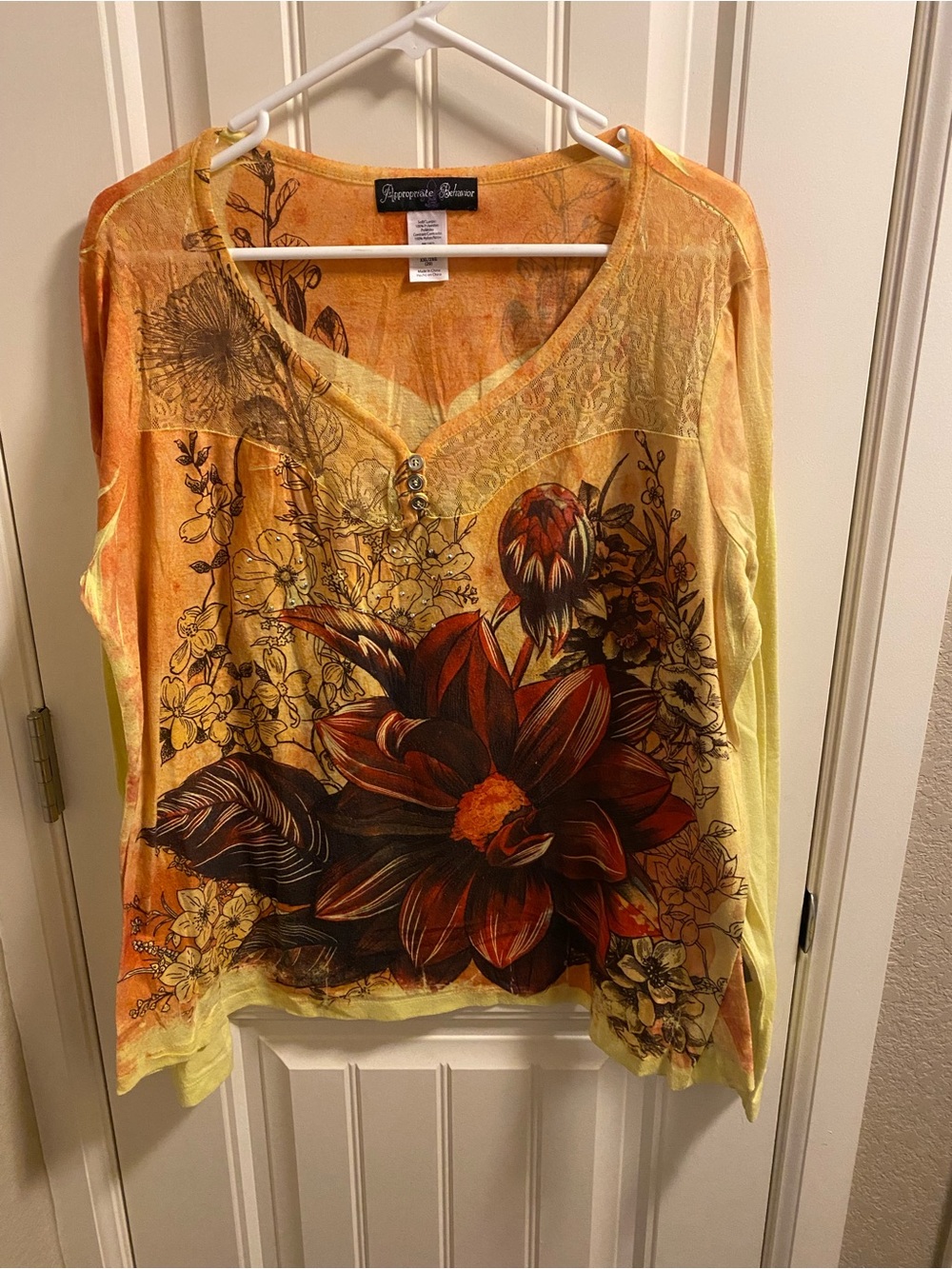 Appropriate Behavior XXL Sublimation Top Long Sleeve Bling Shirt Lace Trim 2X 20